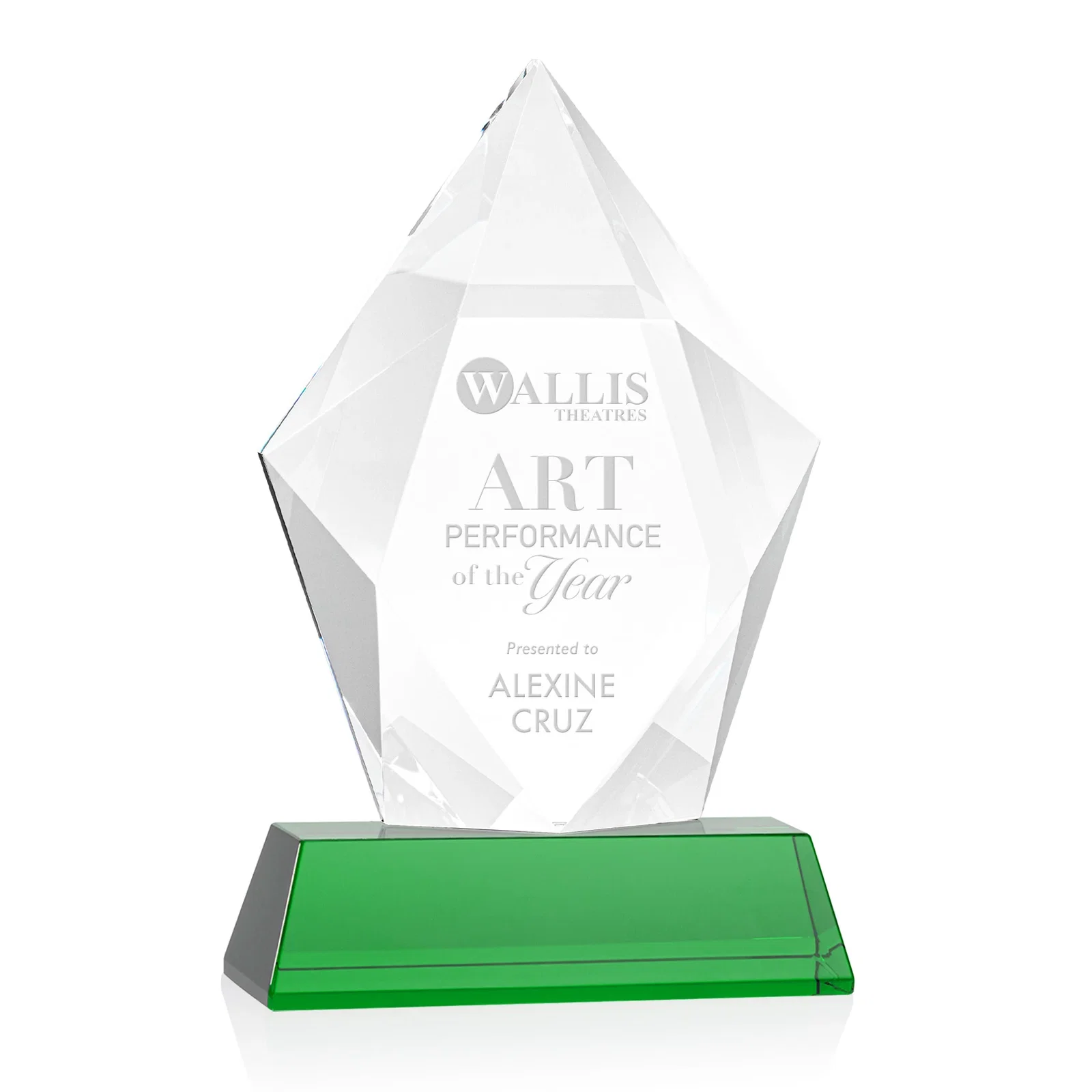 Personalized Faceted Optical Crystal Pentagon Award on Tall Tapered Base, awards for service anniversary gifts