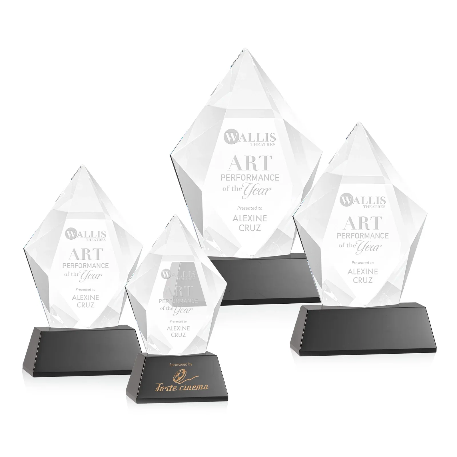 Personalized Faceted Optical Crystal Pentagon Award on Tall Tapered Base, awards for sales achievement awards