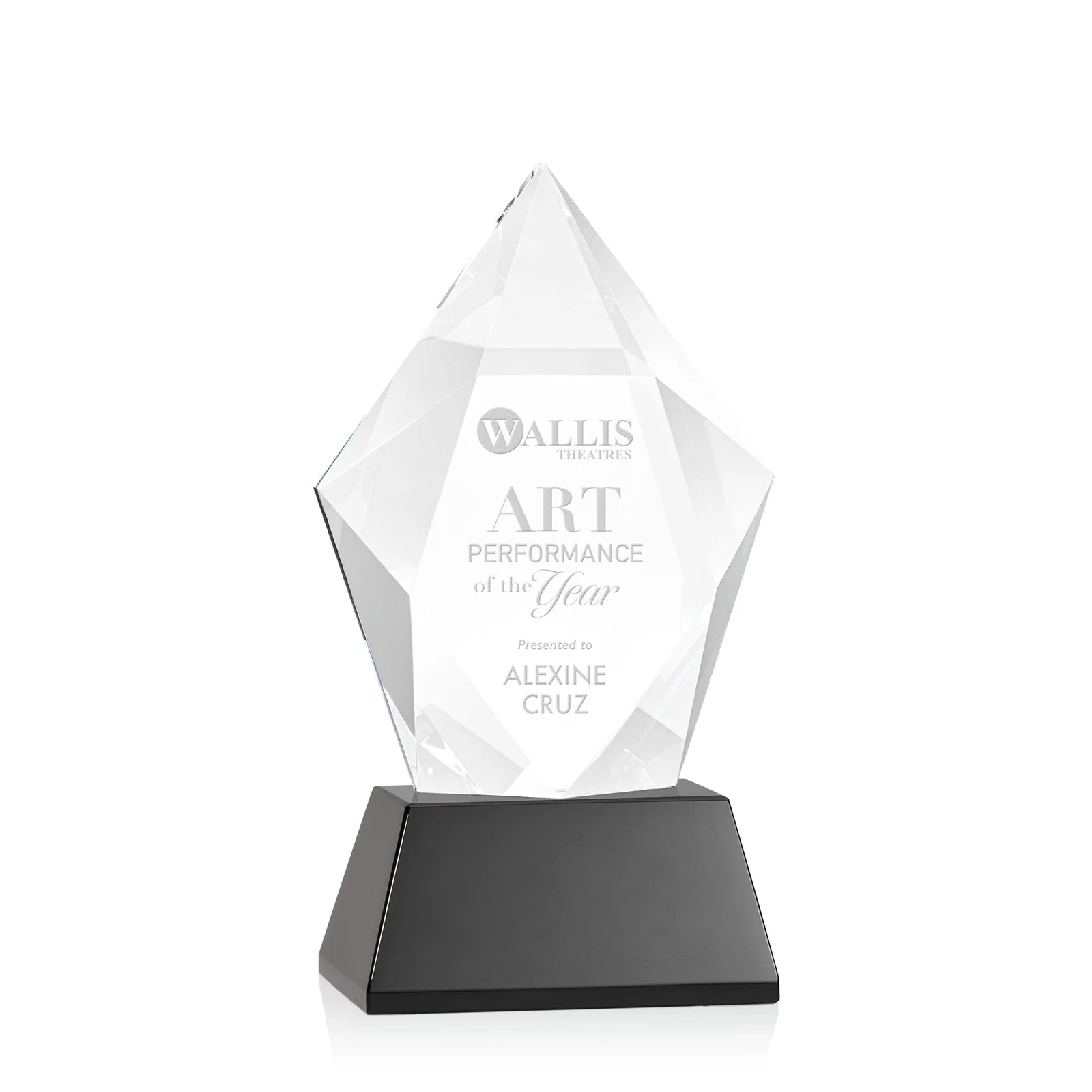 Personalized Faceted Optical Crystal Pentagon Award on Tall Tapered Base, awards for retirement presentations