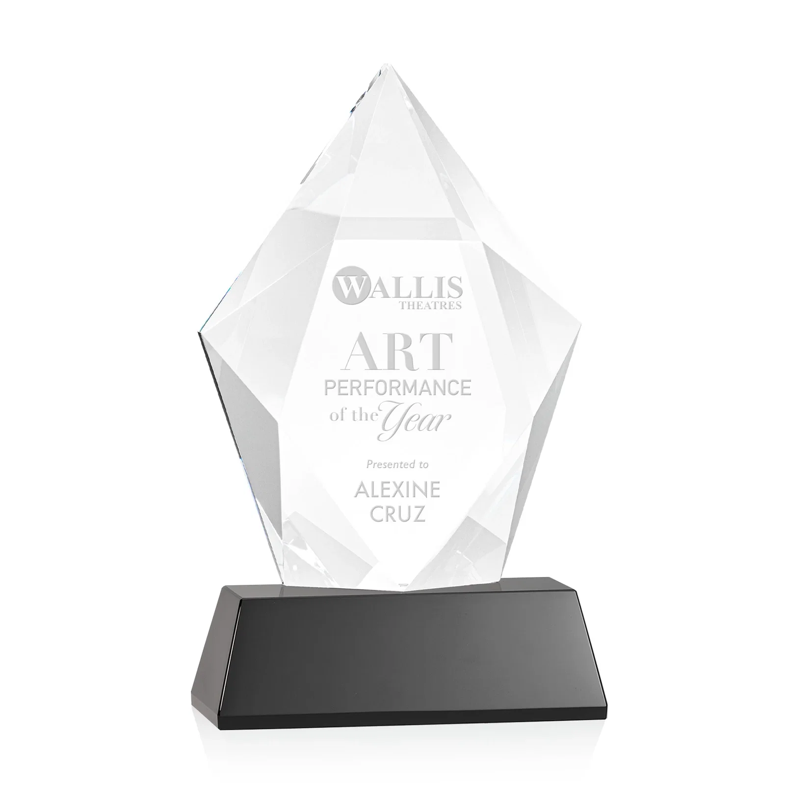 Personalized Faceted Optical Crystal Pentagon Award on Tall Tapered Base, awards for donor appreciation
