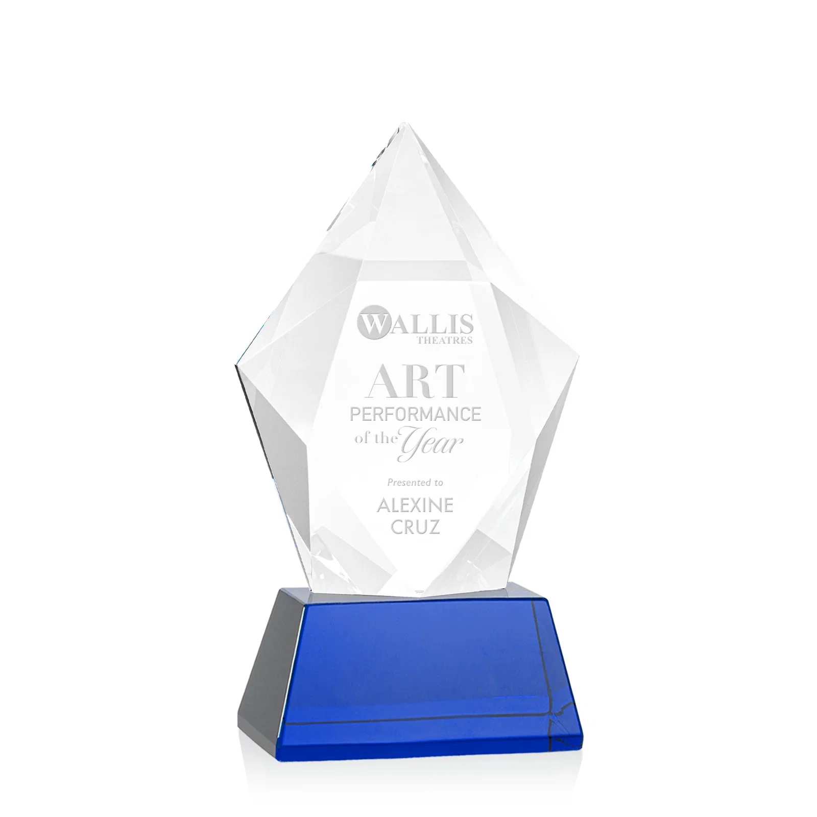 Personalized Faceted Optical Crystal Pentagon Award on Tall Tapered Base, awards for volunteer appreciation