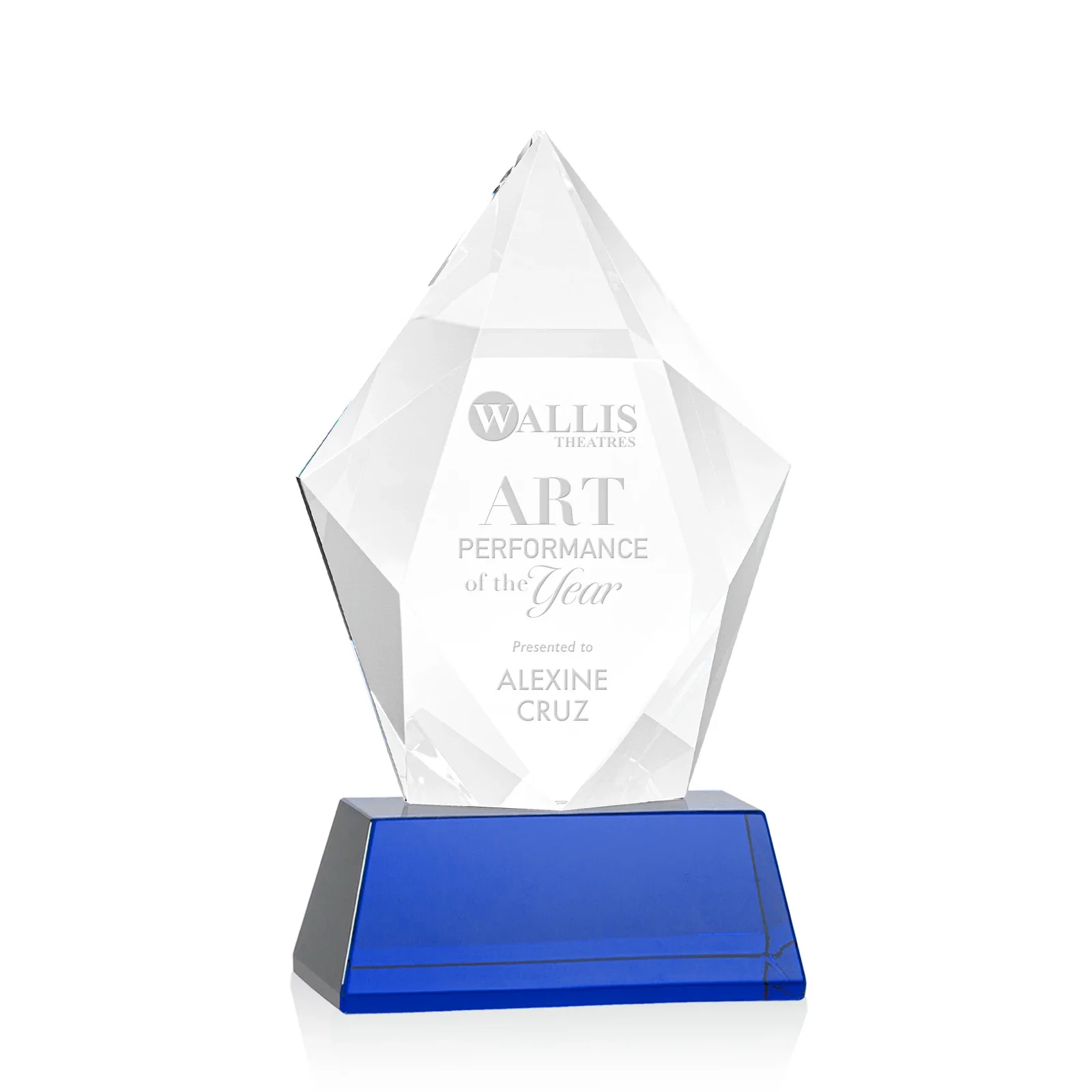 Personalized Faceted Optical Crystal Pentagon Award on Tall Tapered Base, awards for dealer and partner awards