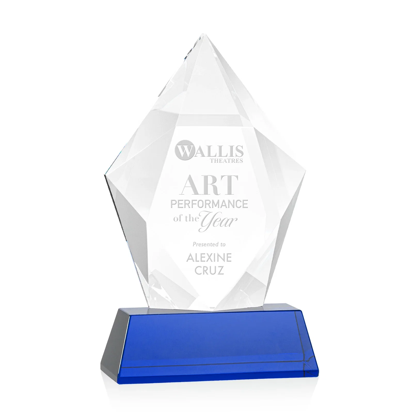 Personalized Faceted Optical Crystal Pentagon Award on Tall Tapered Base, awards for company anniversary events