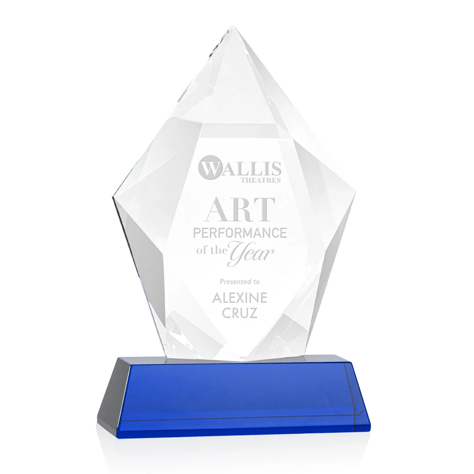 Promotional Faceted Optical Crystal Pentagon Award on Tall Tapered Base, awards for employee recognition