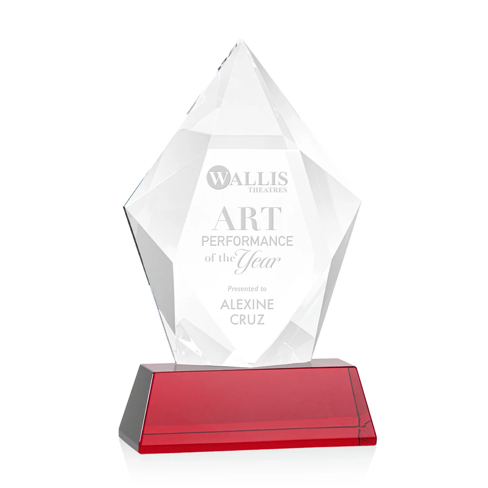 Promotional Faceted Optical Crystal Pentagon Award on Tall Tapered Base, awards for retirement presentations