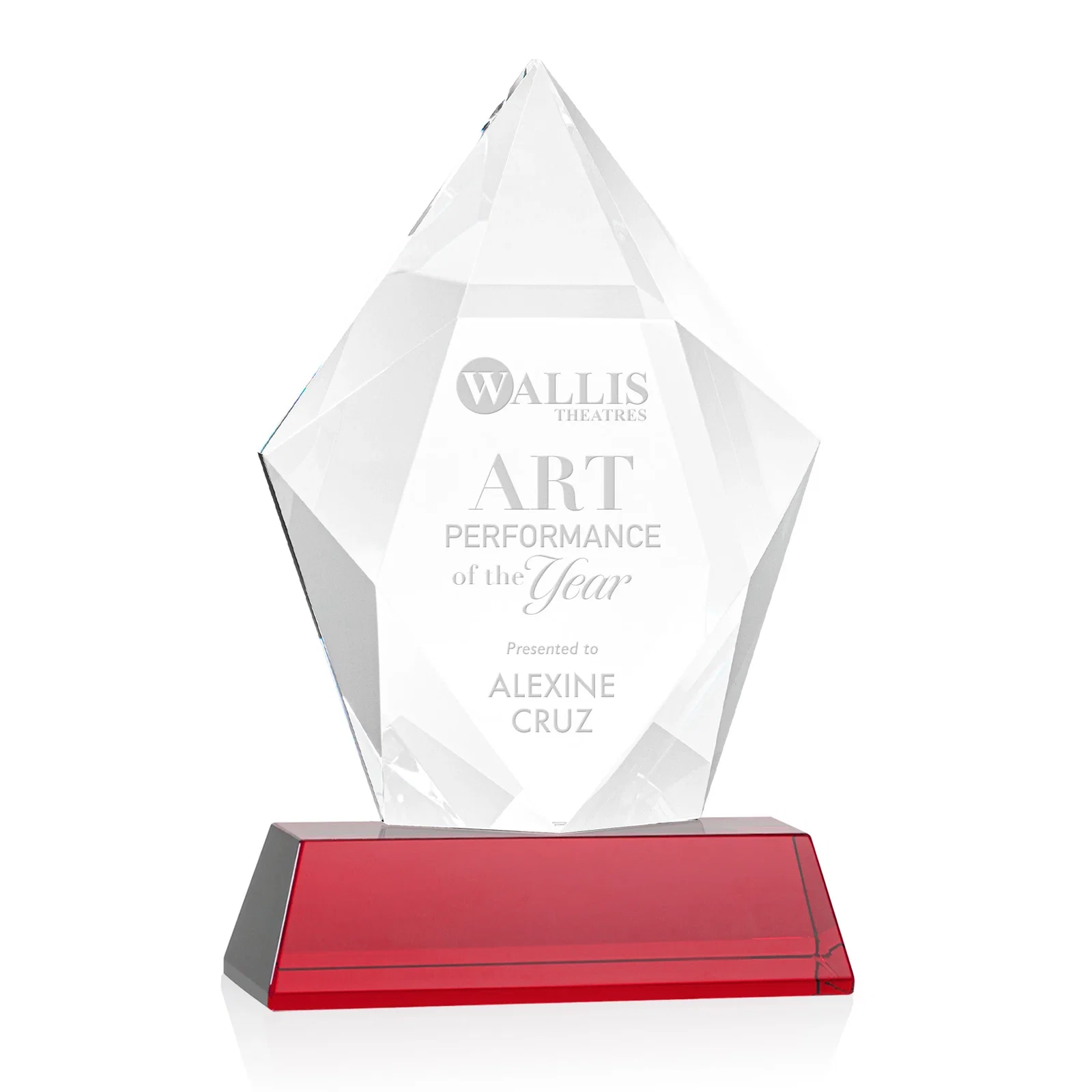 Promotional Faceted Optical Crystal Pentagon Award on Tall Tapered Base, awards for team milestone celebrations