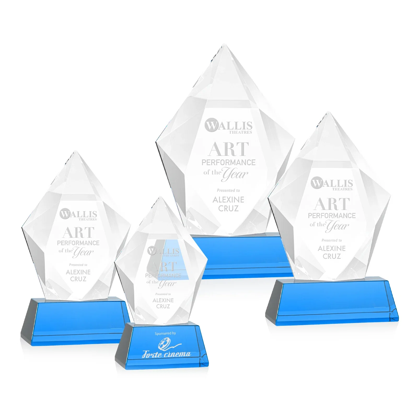 Promotional Faceted Optical Crystal Pentagon Award on Tall Tapered Base, awards for donor appreciation