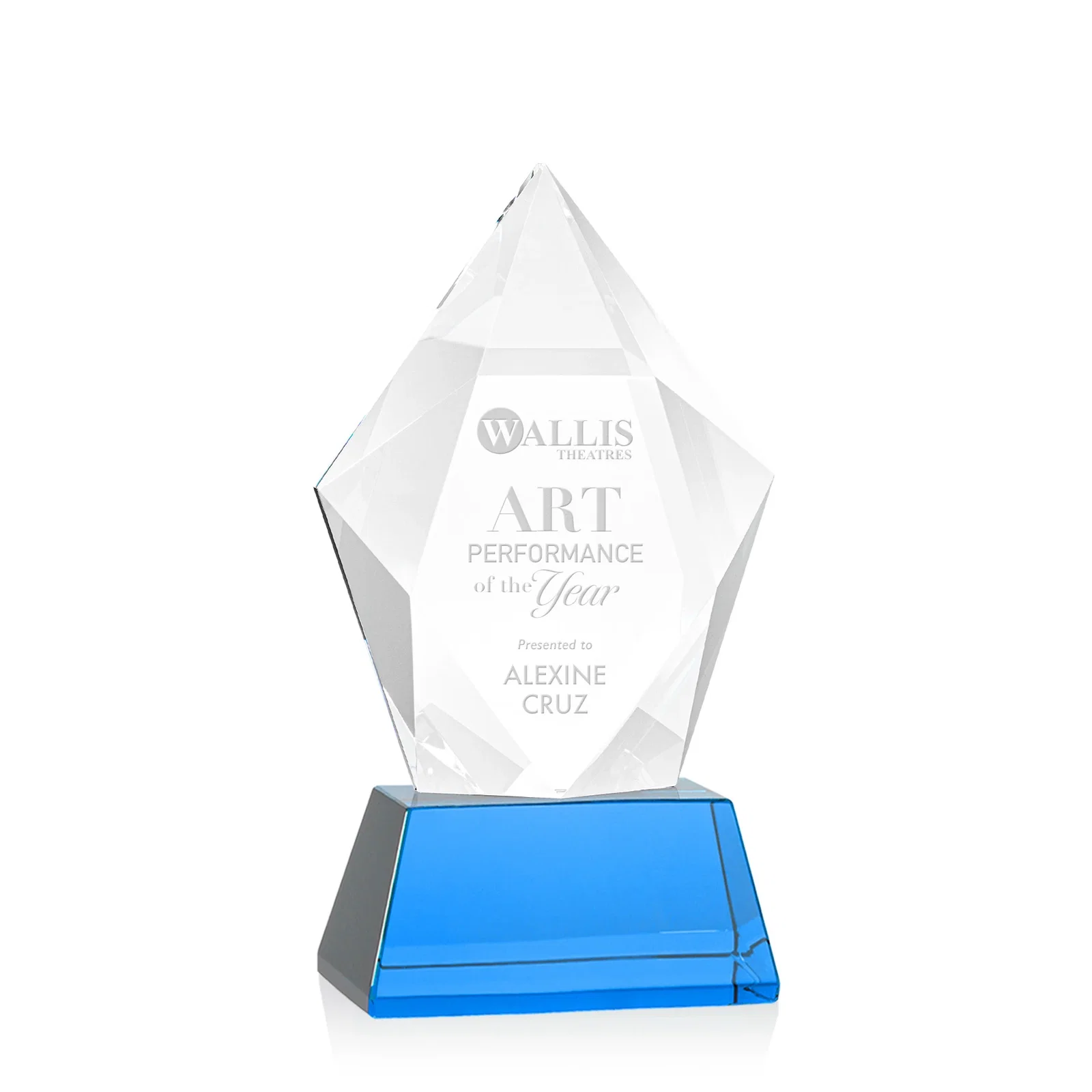 Promotional Faceted Optical Crystal Pentagon Award on Tall Tapered Base, awards for graduation ceremonies