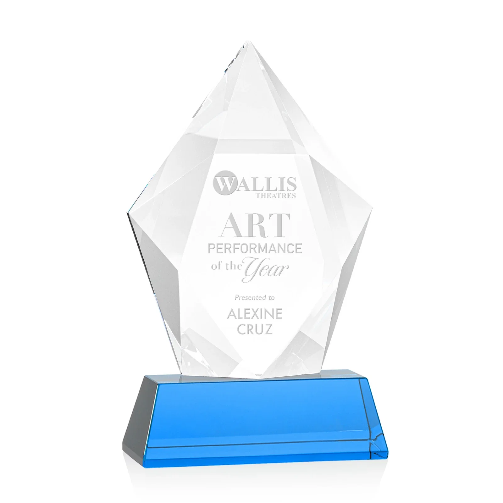 Promotional Faceted Optical Crystal Pentagon Award on Tall Tapered Base, awards for volunteer appreciation