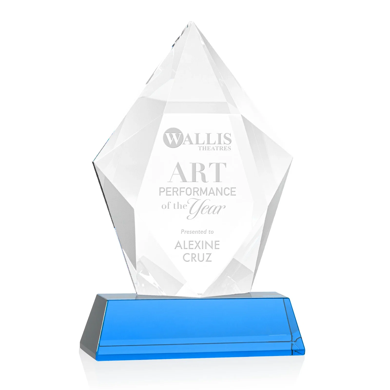 Promotional Faceted Optical Crystal Pentagon Award on Tall Tapered Base, awards for dealer and partner awards