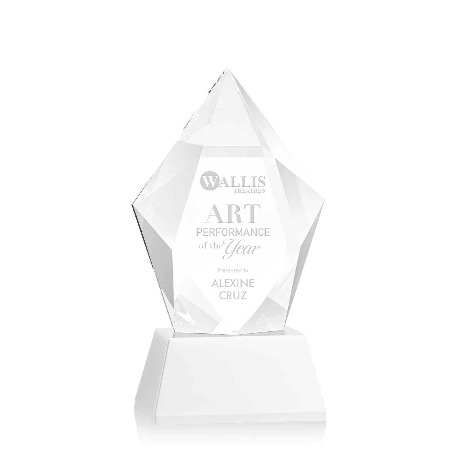 Branded Faceted Optical Crystal Pentagon Award on Tall Tapered Base, awards for employee recognition