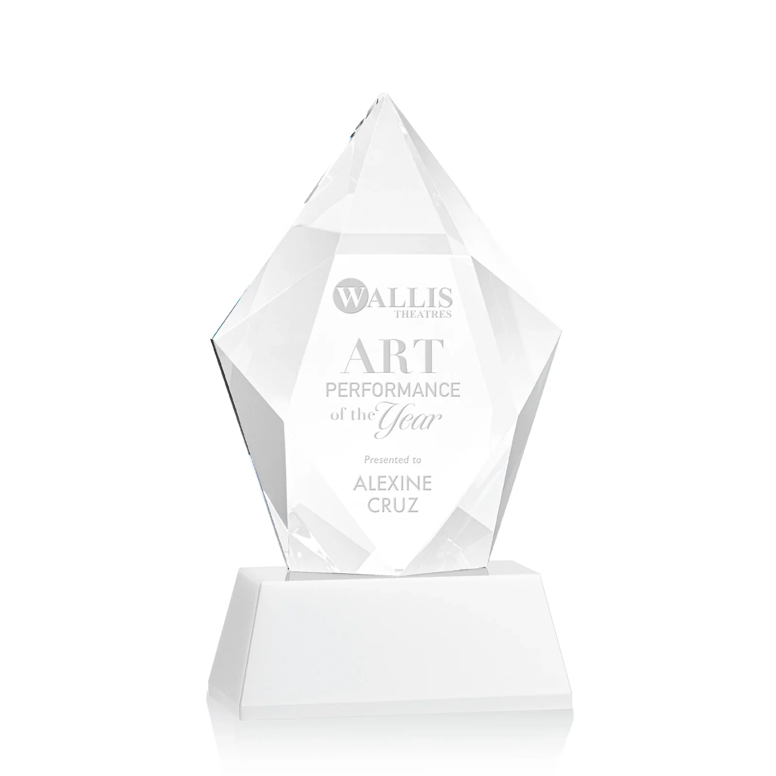 Branded Faceted Optical Crystal Pentagon Award on Tall Tapered Base, awards for corporate award ceremonies