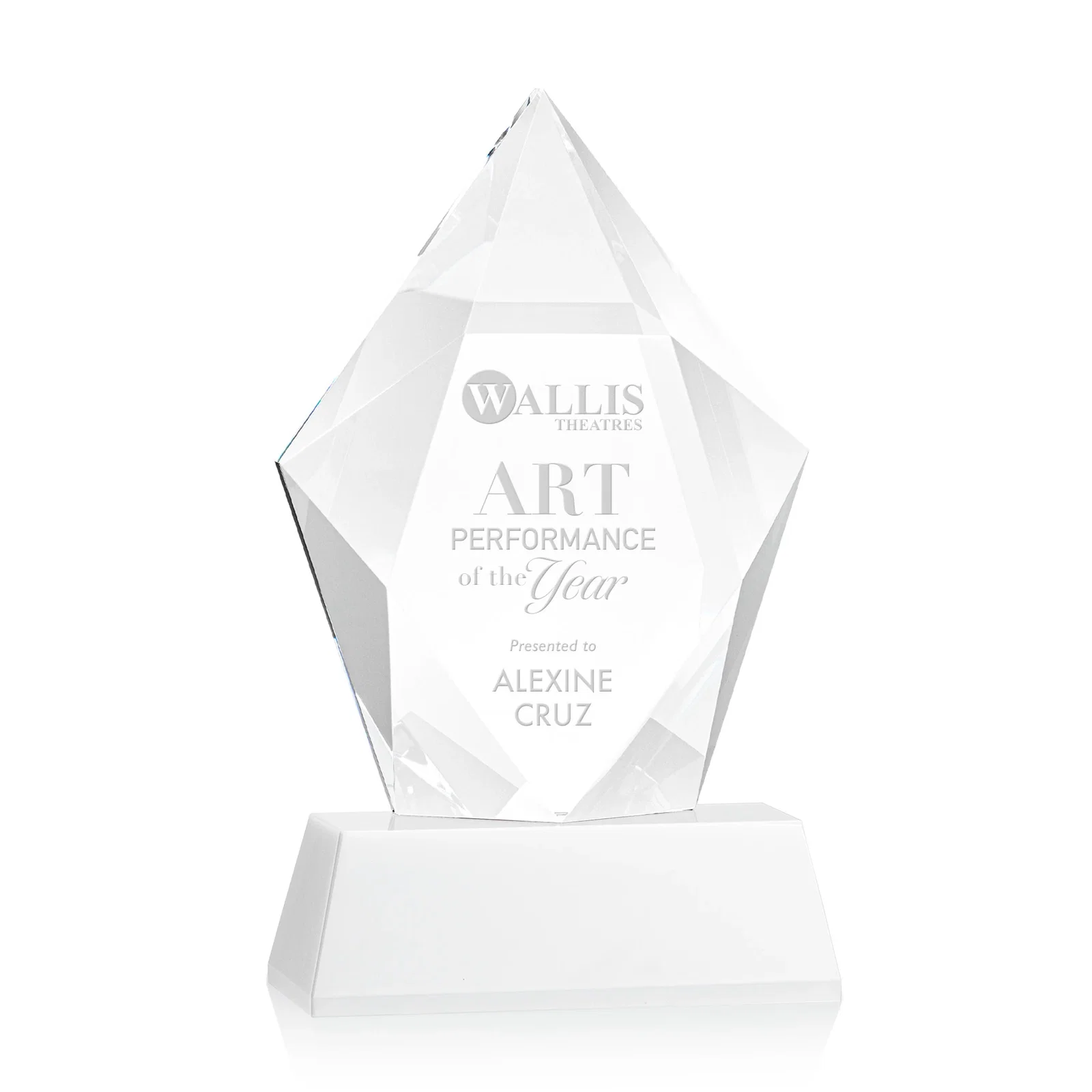 Branded Faceted Optical Crystal Pentagon Award on Tall Tapered Base, awards for service anniversary gifts