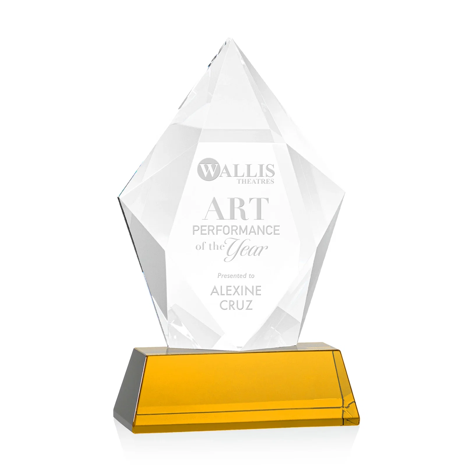 Custom Faceted Optical Crystal Pentagon Award on Tall Tapered Base, awards for sales achievement awards