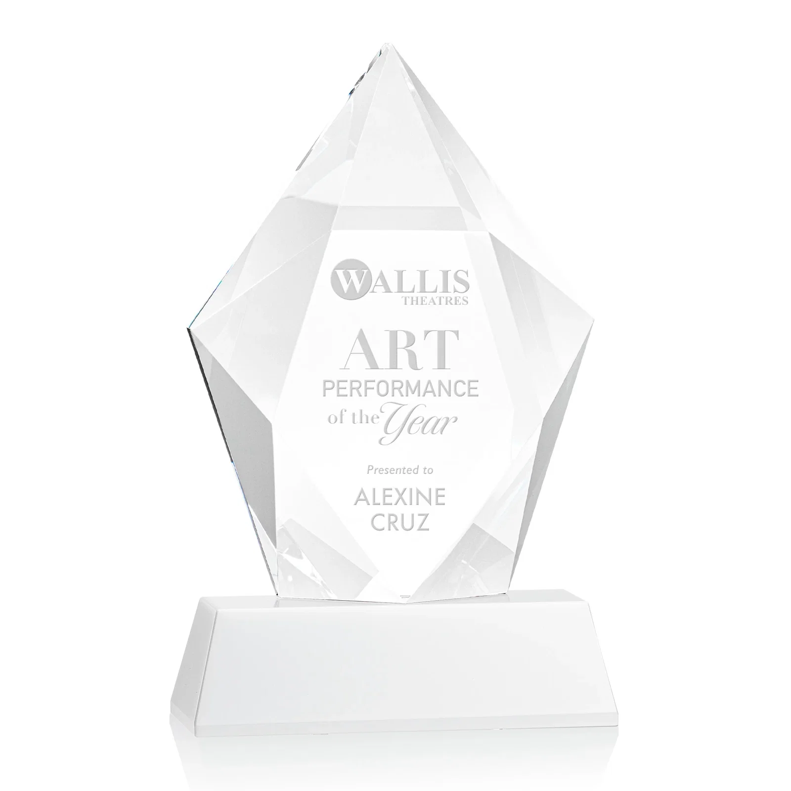 Branded Faceted Optical Crystal Pentagon Award on Tall Tapered Base, awards for sales achievement awards