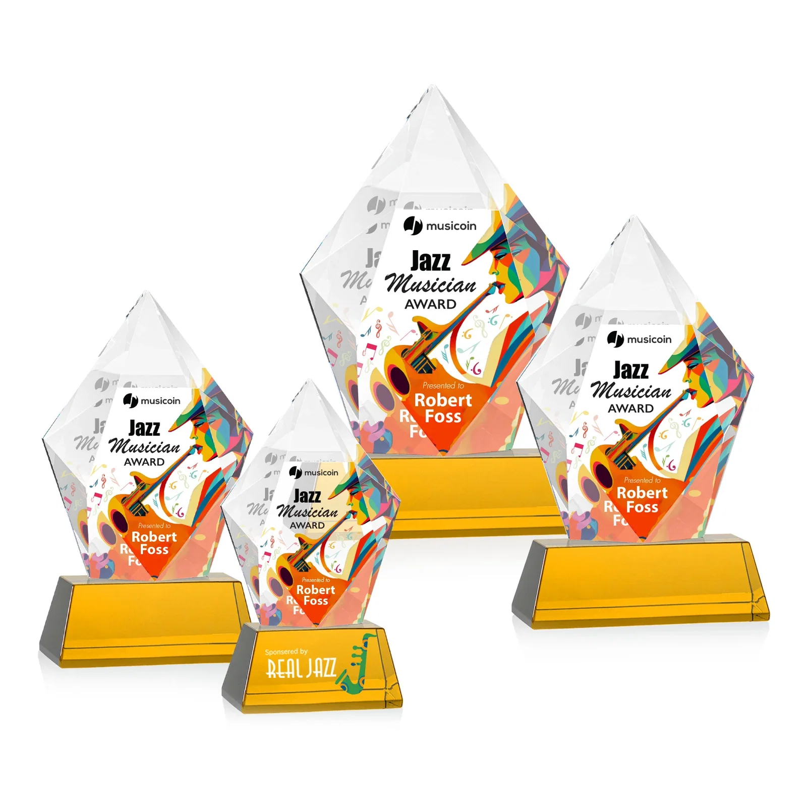Branded Faceted Optical Crystal Pentagon Award on Tall Tapered Base, awards for retirement presentations