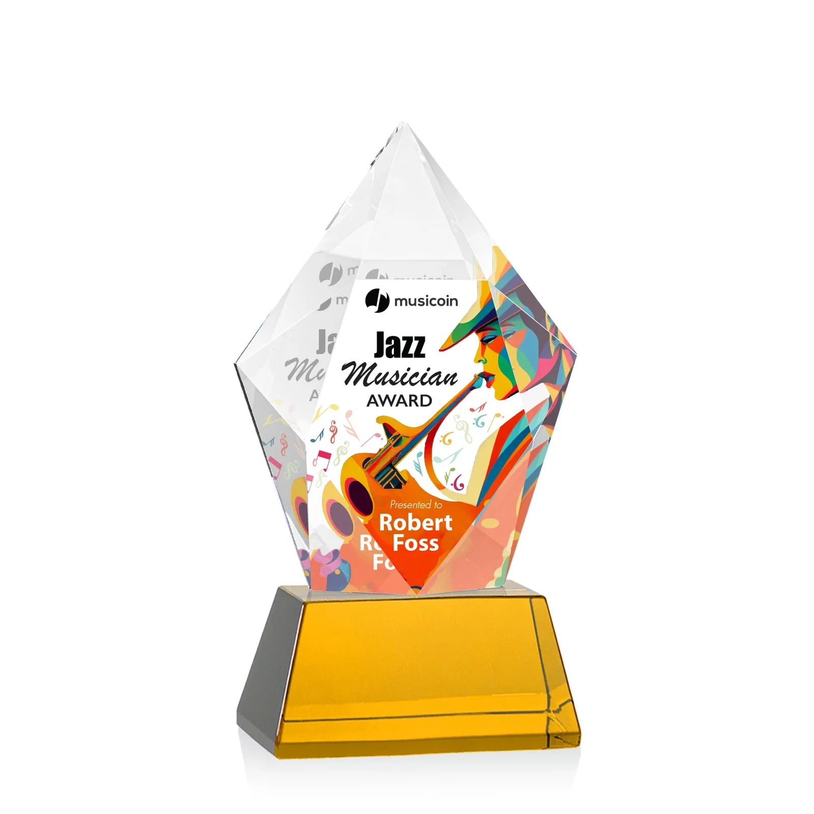 Branded Faceted Optical Crystal Pentagon Award on Tall Tapered Base, awards for team milestone celebrations