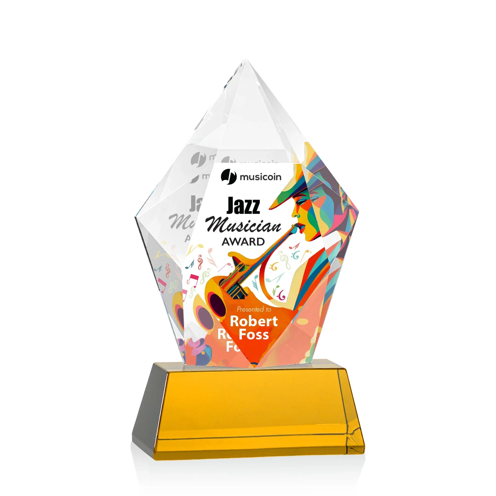 Branded Faceted Optical Crystal Pentagon Award on Tall Tapered Base, awards for donor appreciation