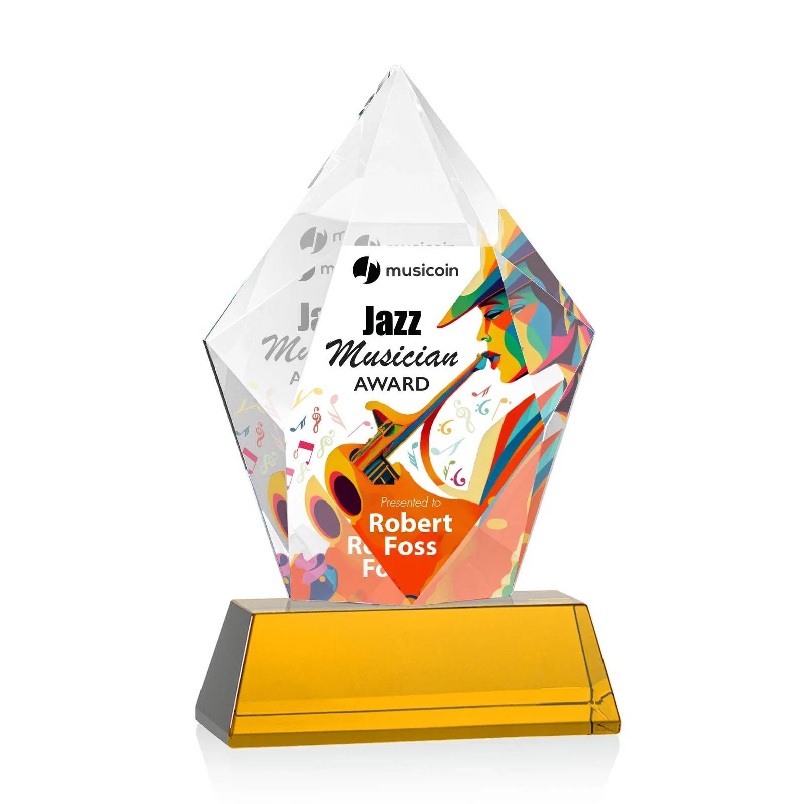 Branded Faceted Optical Crystal Pentagon Award on Tall Tapered Base, awards for graduation ceremonies