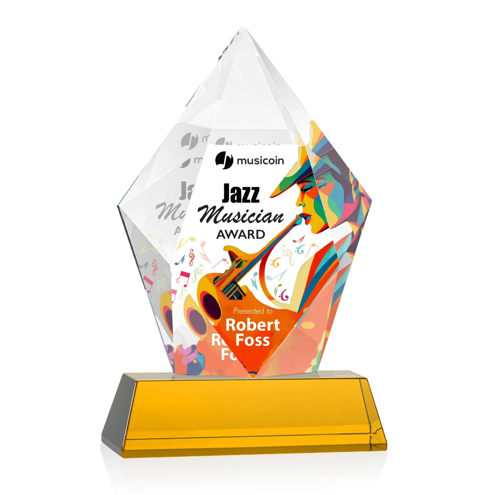 Branded Faceted Optical Crystal Pentagon Award on Tall Tapered Base, awards for safety achievement programs