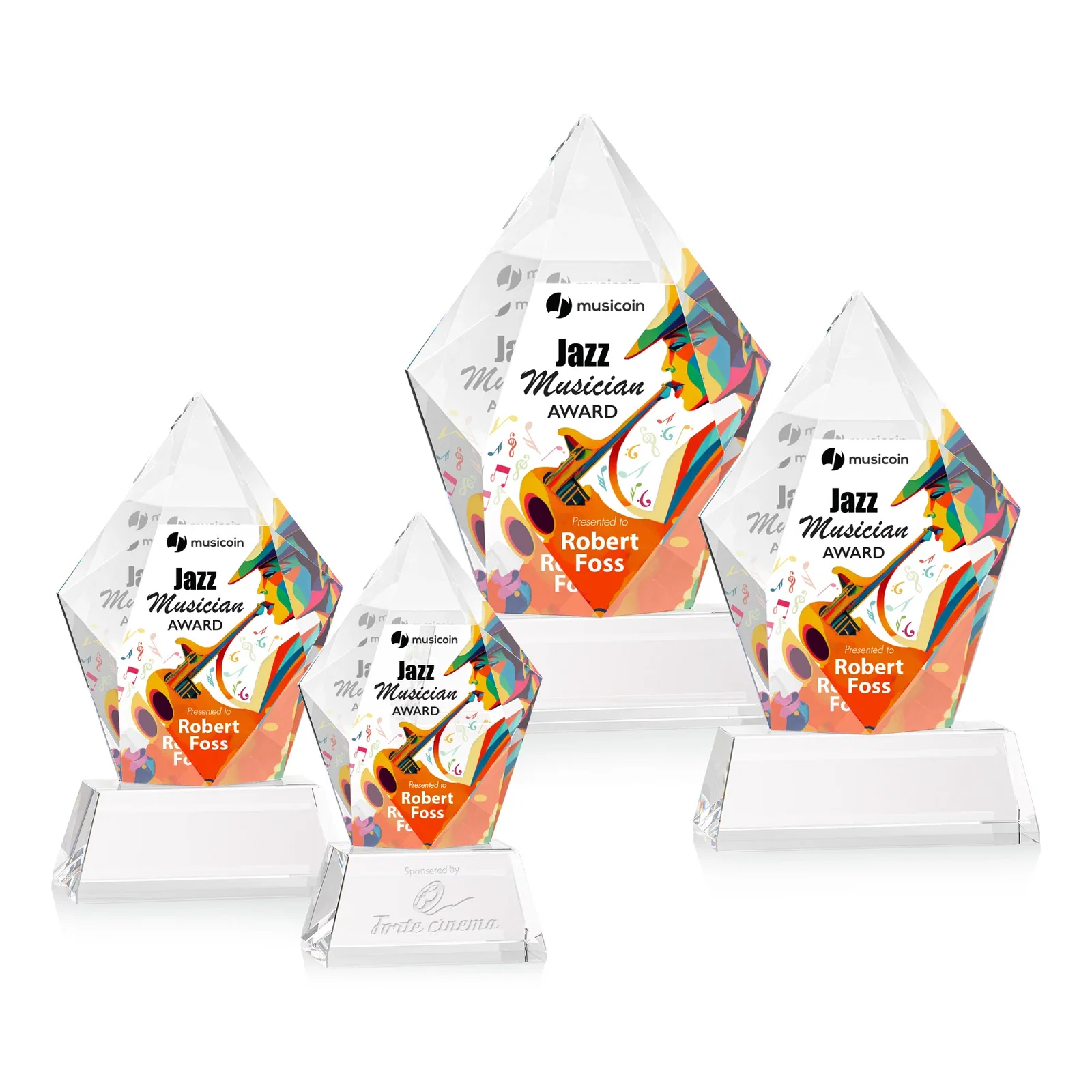 Branded Faceted Optical Crystal Pentagon Award on Tall Tapered Base, awards for volunteer appreciation