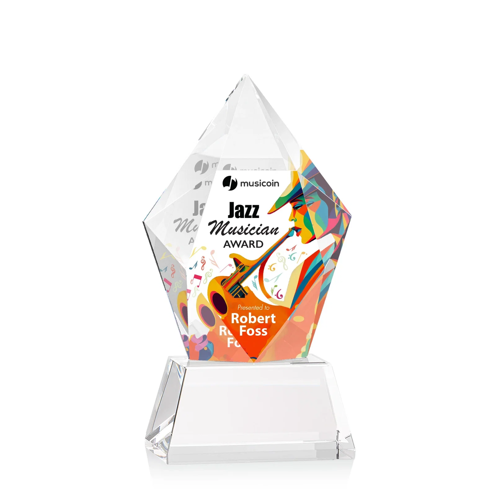 Branded Faceted Optical Crystal Pentagon Award on Tall Tapered Base, awards for dealer and partner awards