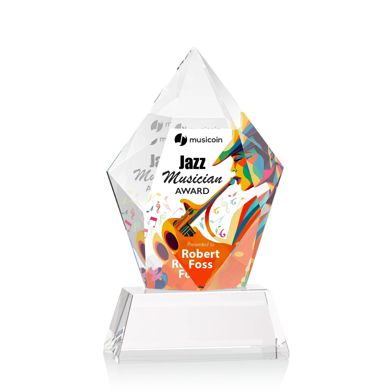 Branded Faceted Optical Crystal Pentagon Award on Tall Tapered Base, awards for company anniversary events