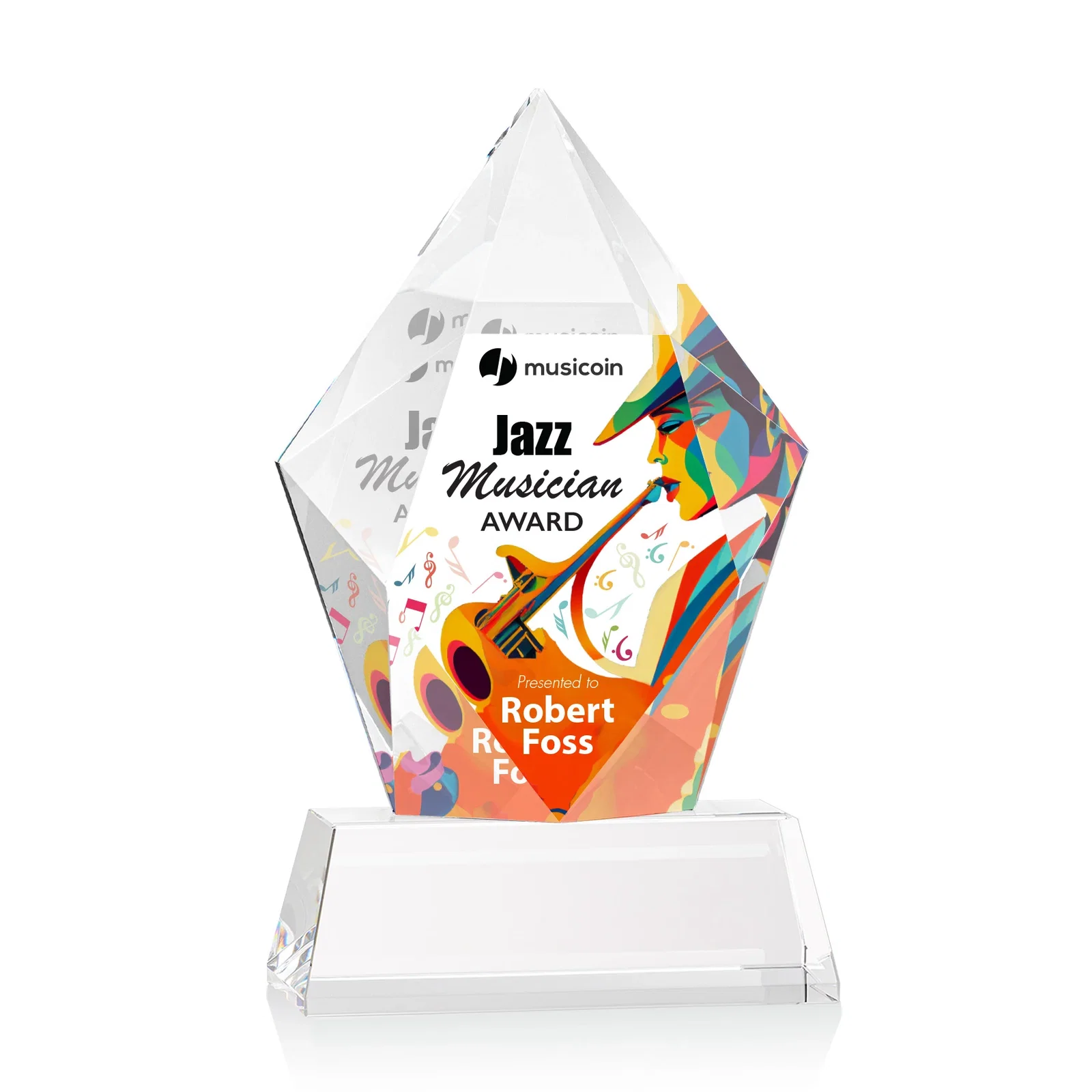 Custom printed Faceted Optical Crystal Pentagon Award on Tall Tapered Base, awards for employee recognition