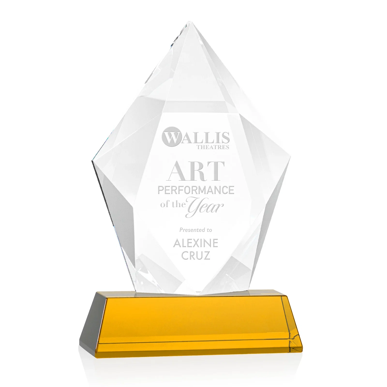 Custom Faceted Optical Crystal Pentagon Award on Tall Tapered Base, awards for retirement presentations