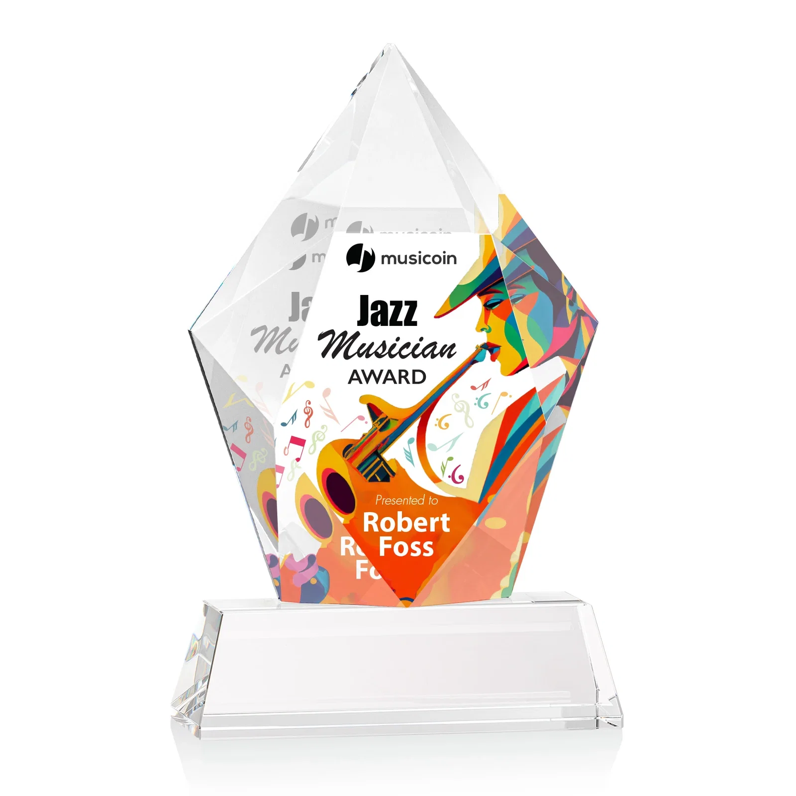 Custom printed Faceted Optical Crystal Pentagon Award on Tall Tapered Base, awards for corporate award ceremonies