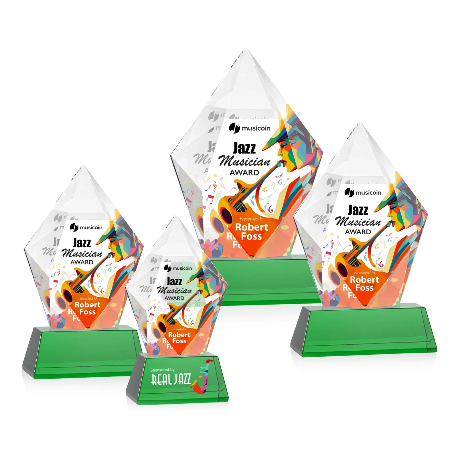 Custom printed Faceted Optical Crystal Pentagon Award on Tall Tapered Base, awards for service anniversary gifts