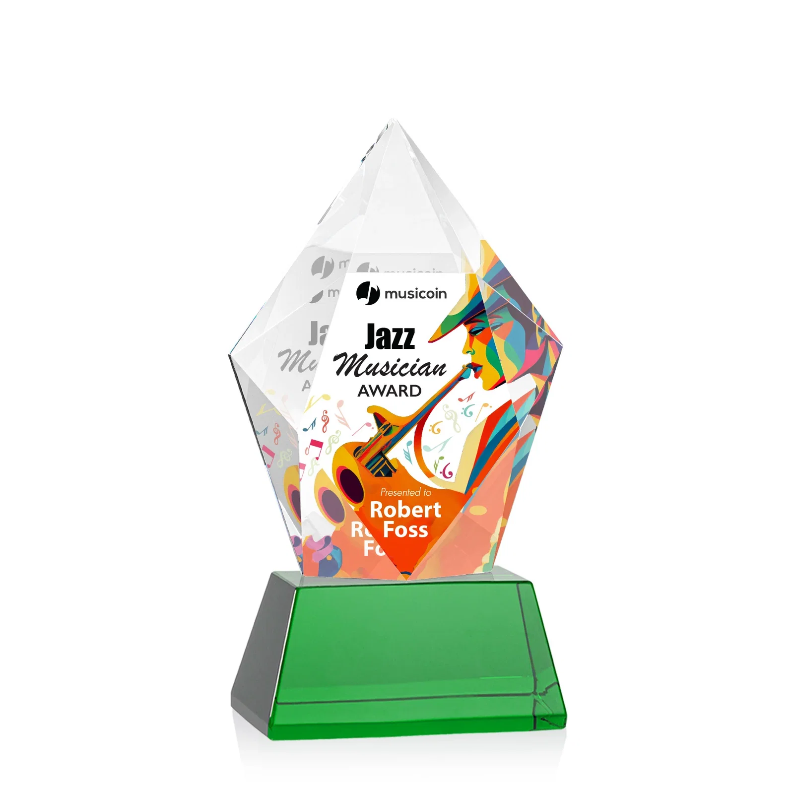 Custom printed Faceted Optical Crystal Pentagon Award on Tall Tapered Base, awards for sales achievement awards