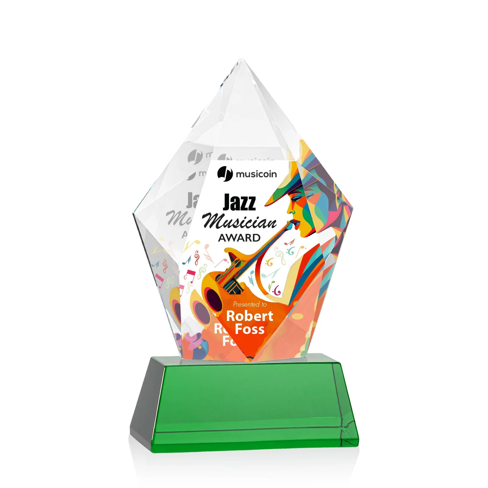 Custom printed Faceted Optical Crystal Pentagon Award on Tall Tapered Base, awards for retirement presentations