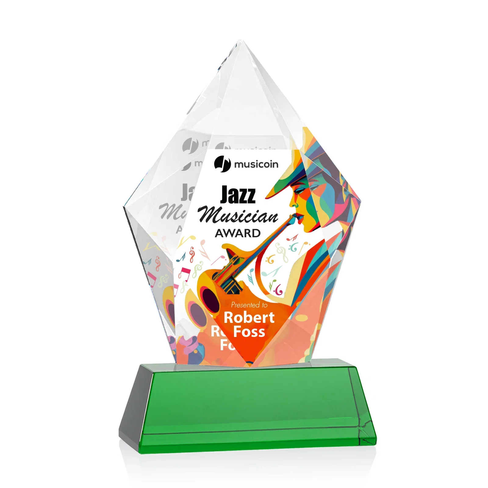 Custom printed Faceted Optical Crystal Pentagon Award on Tall Tapered Base, awards for team milestone celebrations