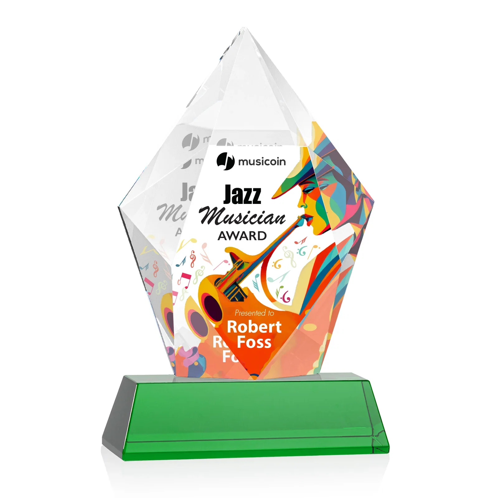Custom printed Faceted Optical Crystal Pentagon Award on Tall Tapered Base, awards for donor appreciation