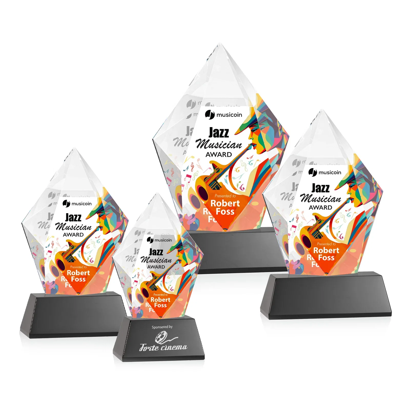 Custom printed Faceted Optical Crystal Pentagon Award on Tall Tapered Base, awards for graduation ceremonies