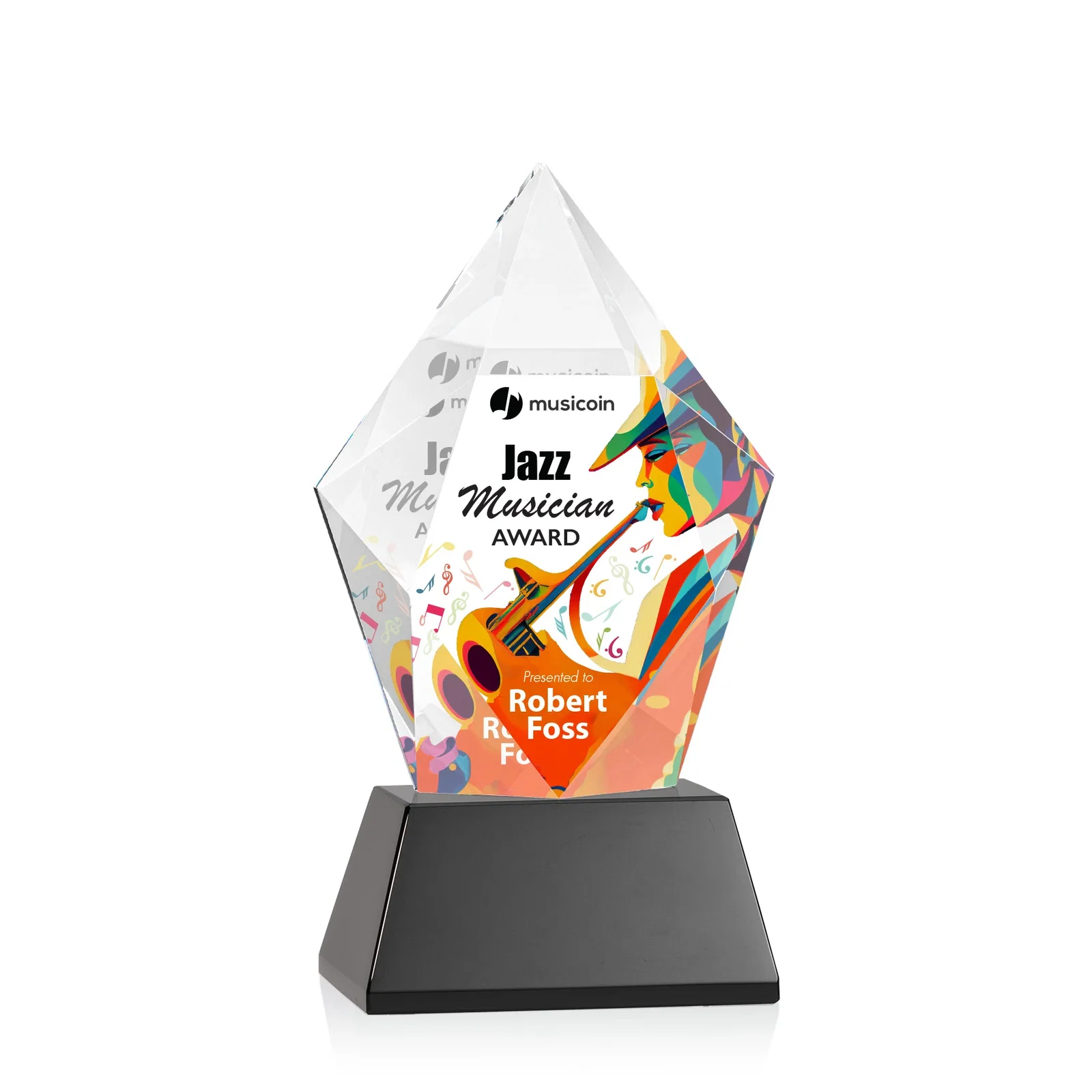 Custom printed Faceted Optical Crystal Pentagon Award on Tall Tapered Base, awards for safety achievement programs