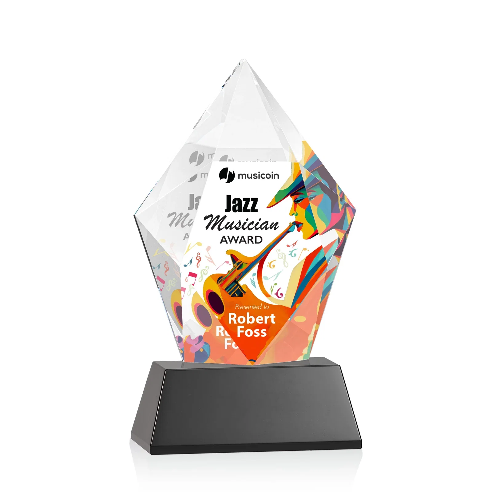 Custom printed Faceted Optical Crystal Pentagon Award on Tall Tapered Base, awards for volunteer appreciation