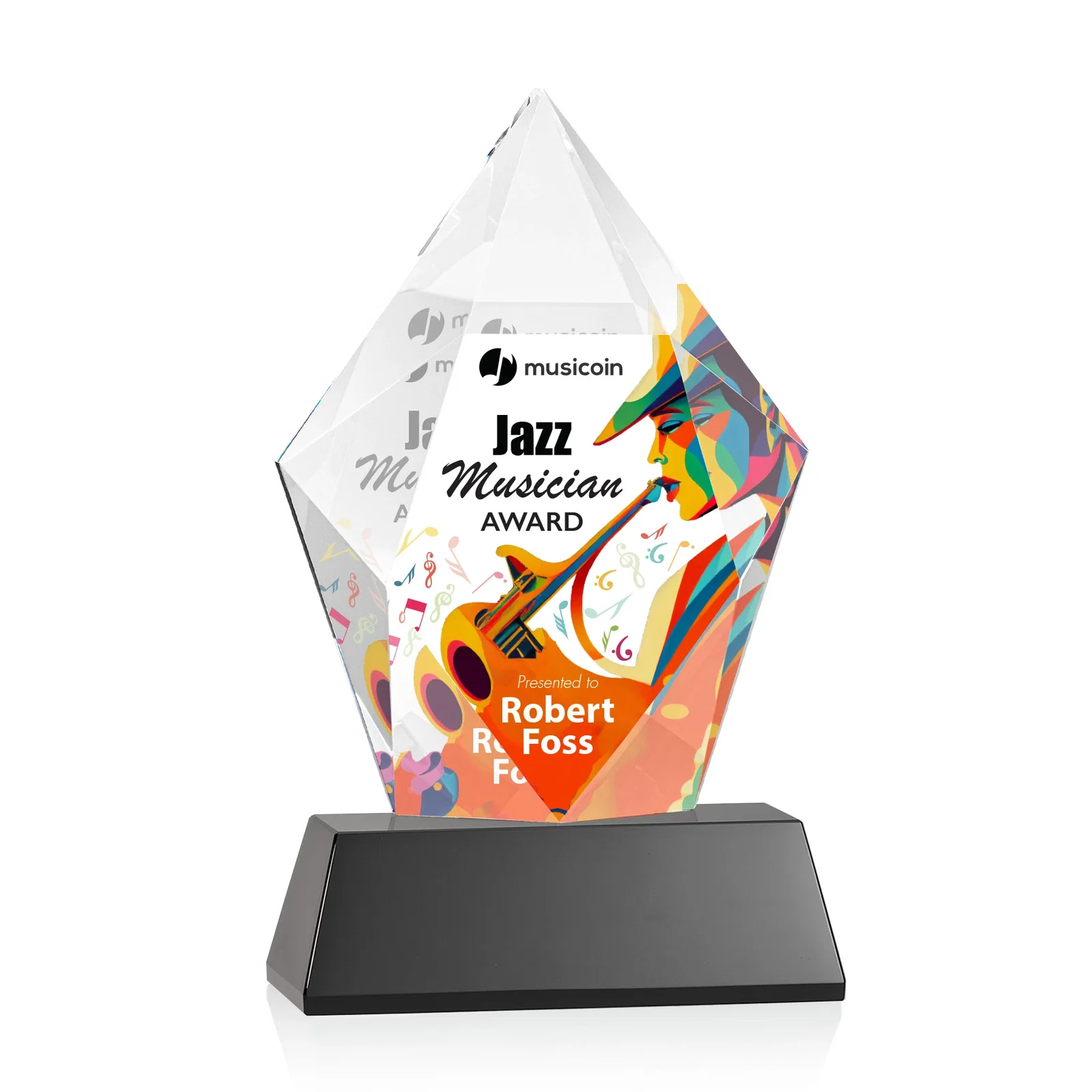 Custom printed Faceted Optical Crystal Pentagon Award on Tall Tapered Base, awards for dealer and partner awards