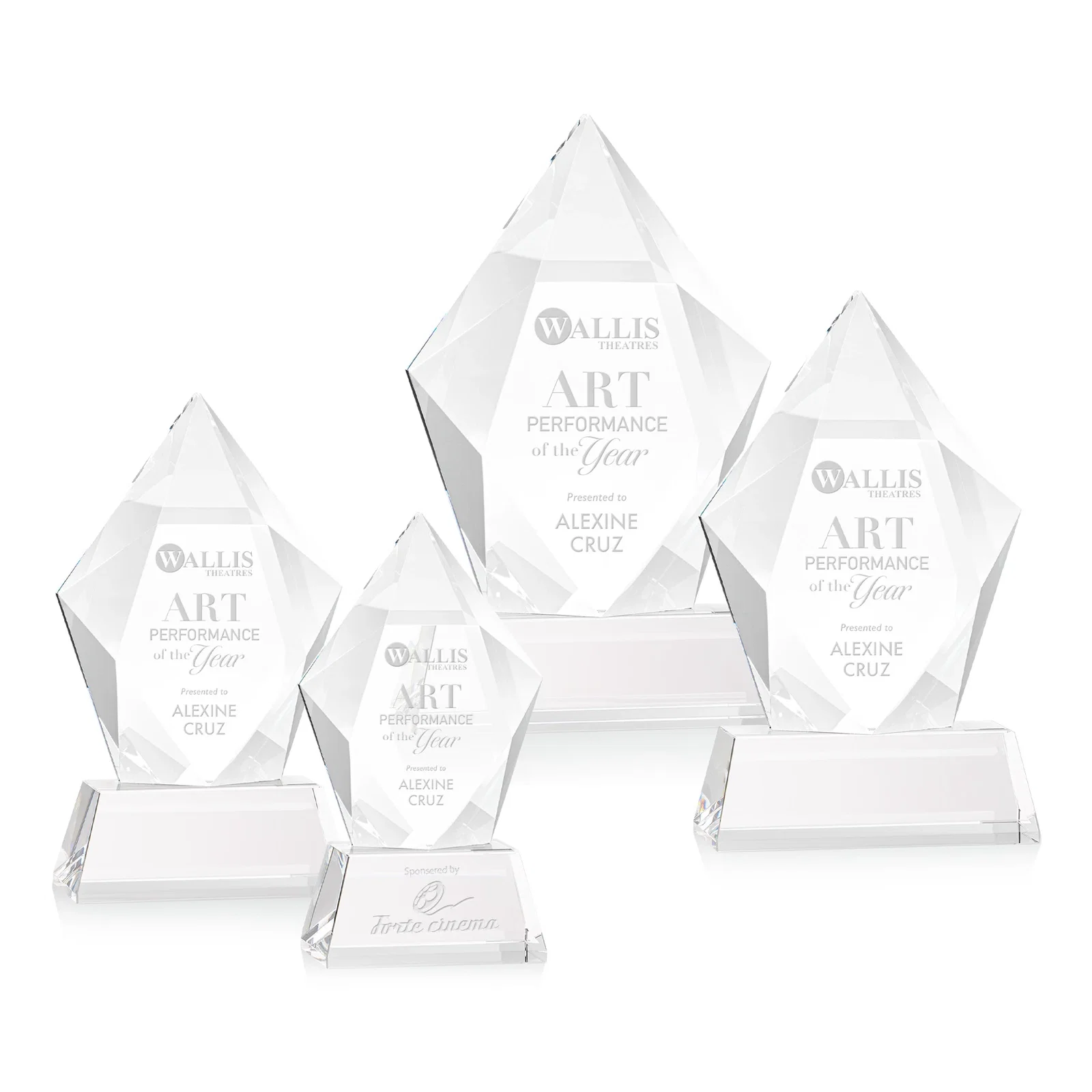 Custom Faceted Optical Crystal Pentagon Award on Tall Tapered Base, awards for team milestone celebrations