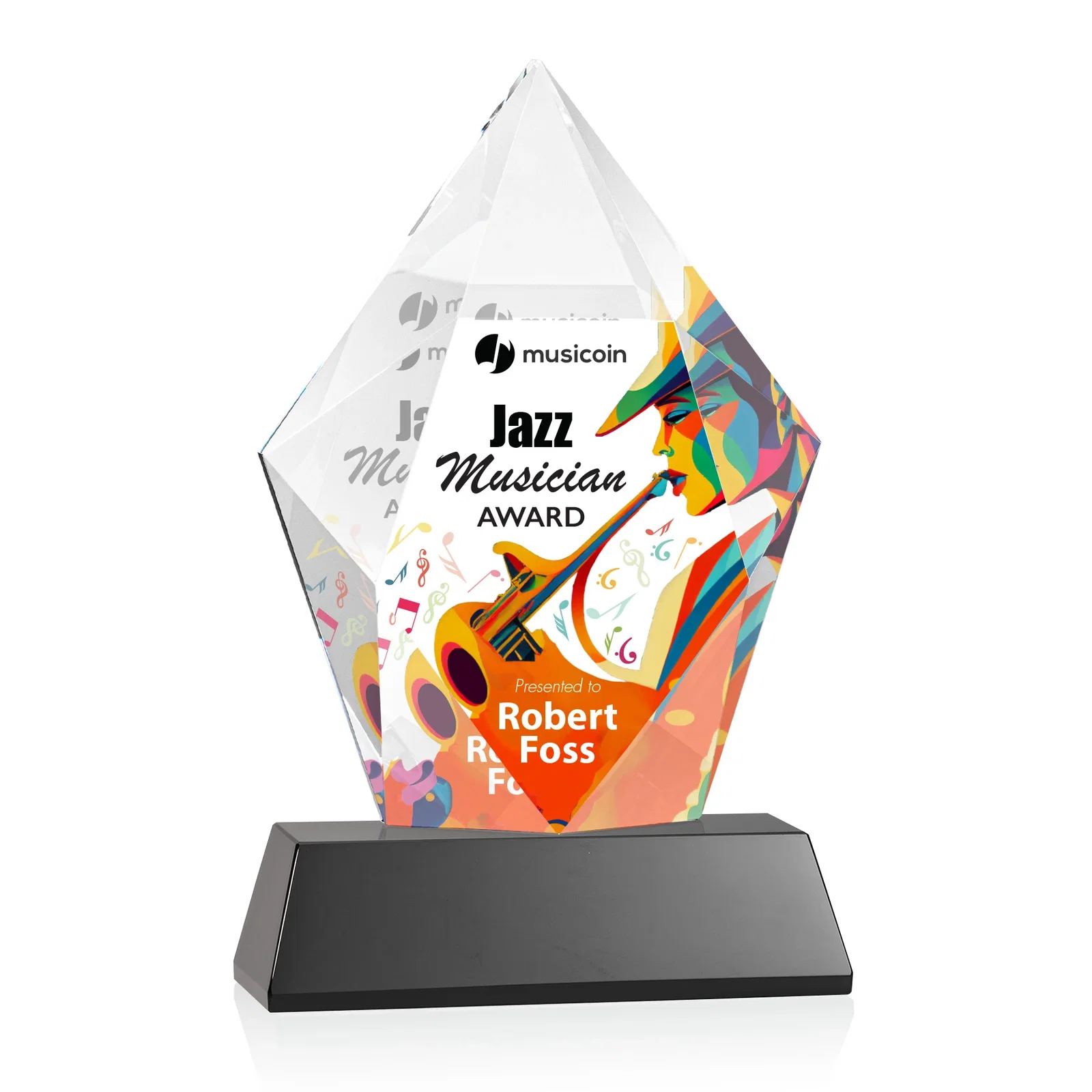 Custom printed Faceted Optical Crystal Pentagon Award on Tall Tapered Base, awards for company anniversary events