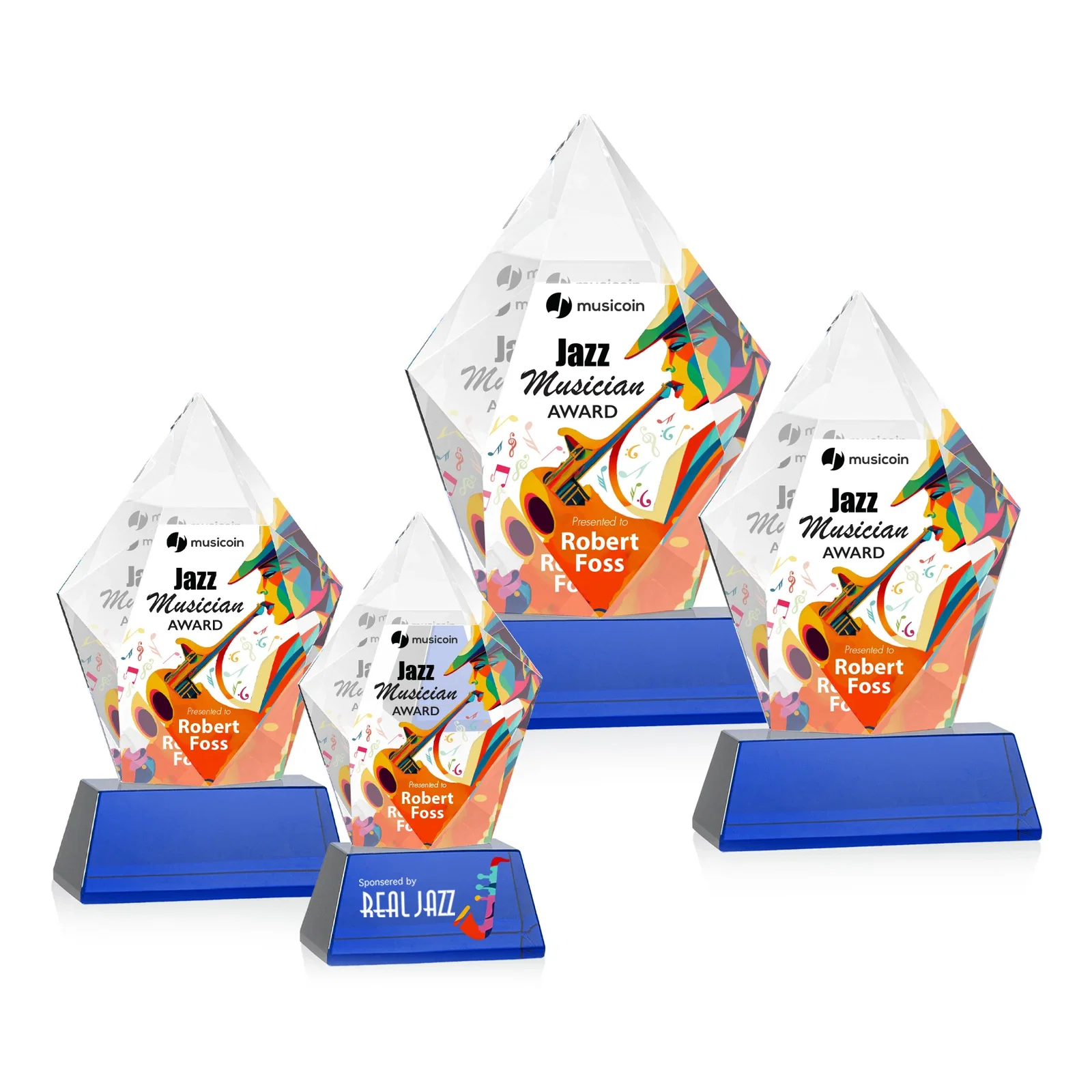 Customized Faceted Optical Crystal Pentagon Award on Tall Tapered Base, awards for employee recognition