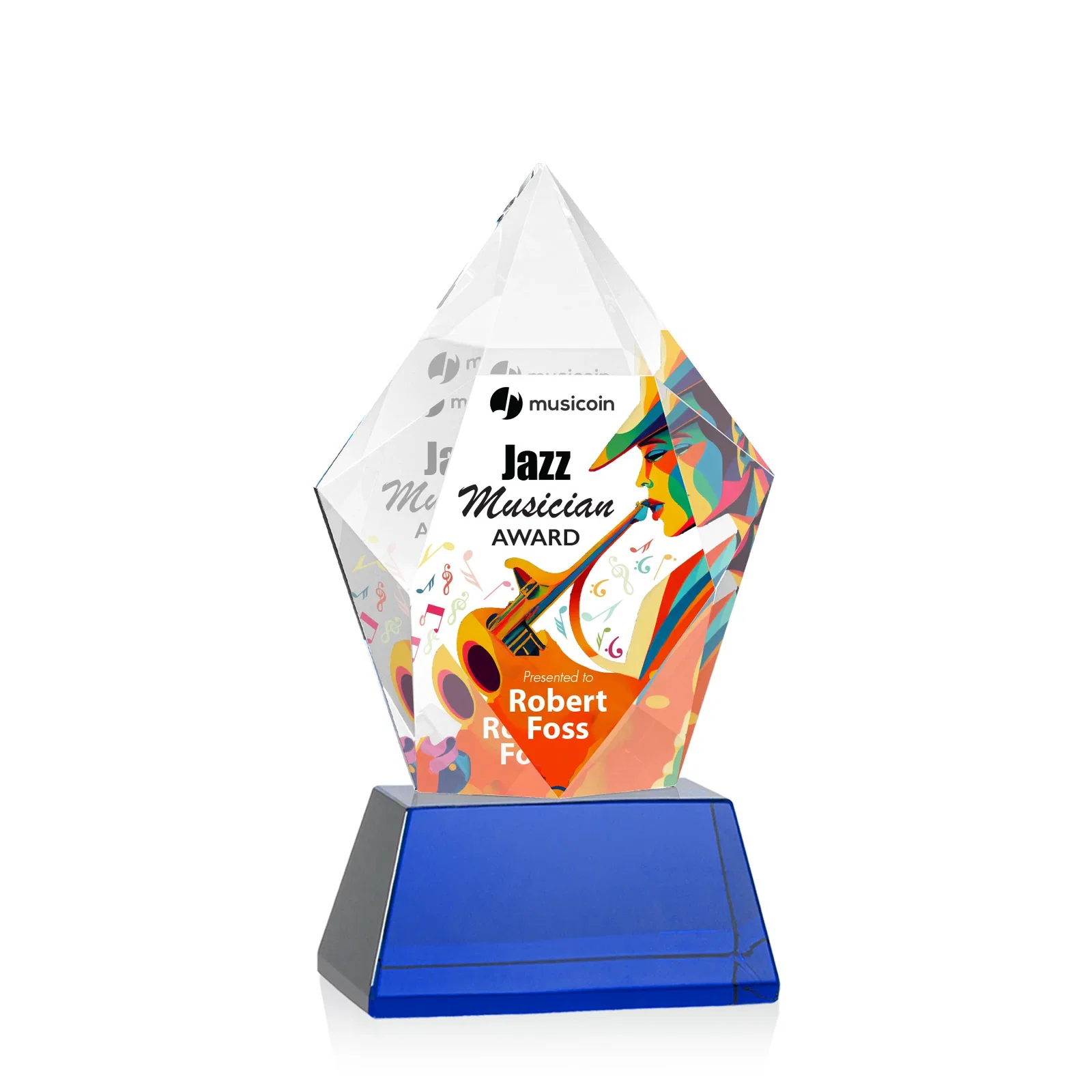 Customized Faceted Optical Crystal Pentagon Award on Tall Tapered Base, awards for corporate award ceremonies
