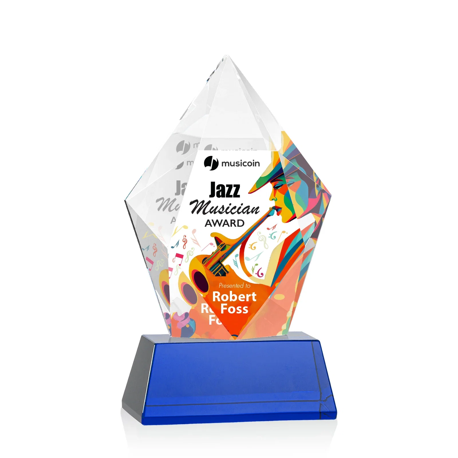 Customized Faceted Optical Crystal Pentagon Award on Tall Tapered Base, awards for service anniversary gifts