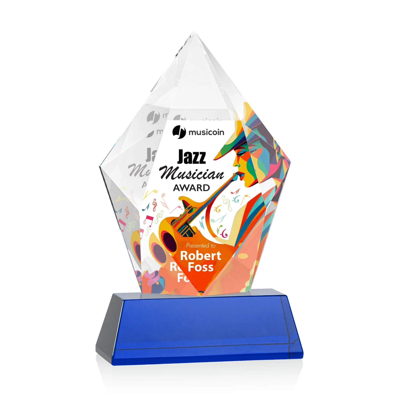 Customized Faceted Optical Crystal Pentagon Award on Tall Tapered Base, awards for sales achievement awards
