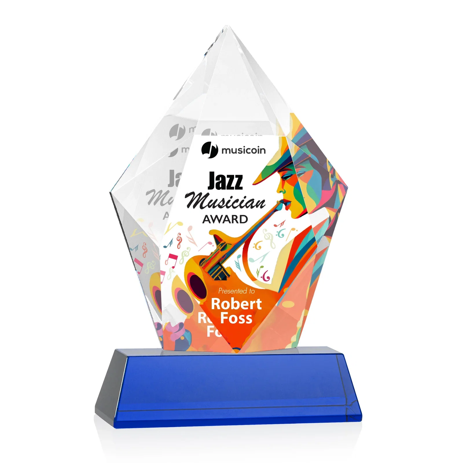 Customized Faceted Optical Crystal Pentagon Award on Tall Tapered Base, awards for retirement presentations