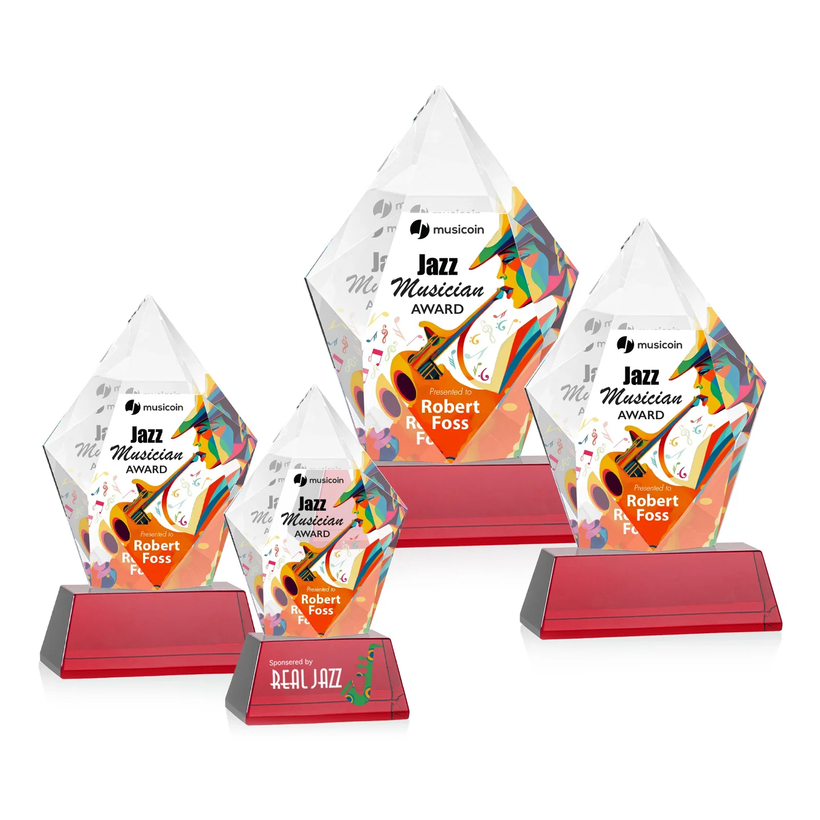 Customized Faceted Optical Crystal Pentagon Award on Tall Tapered Base, awards for team milestone celebrations