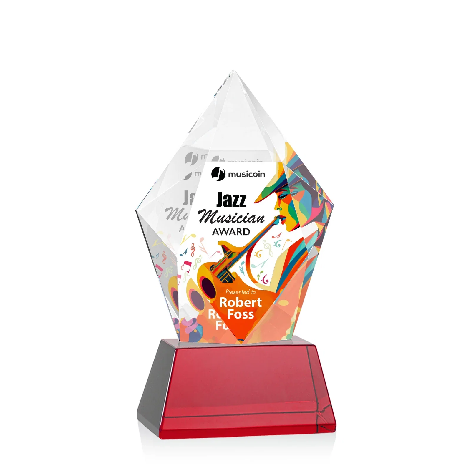 Customized Faceted Optical Crystal Pentagon Award on Tall Tapered Base, awards for donor appreciation
