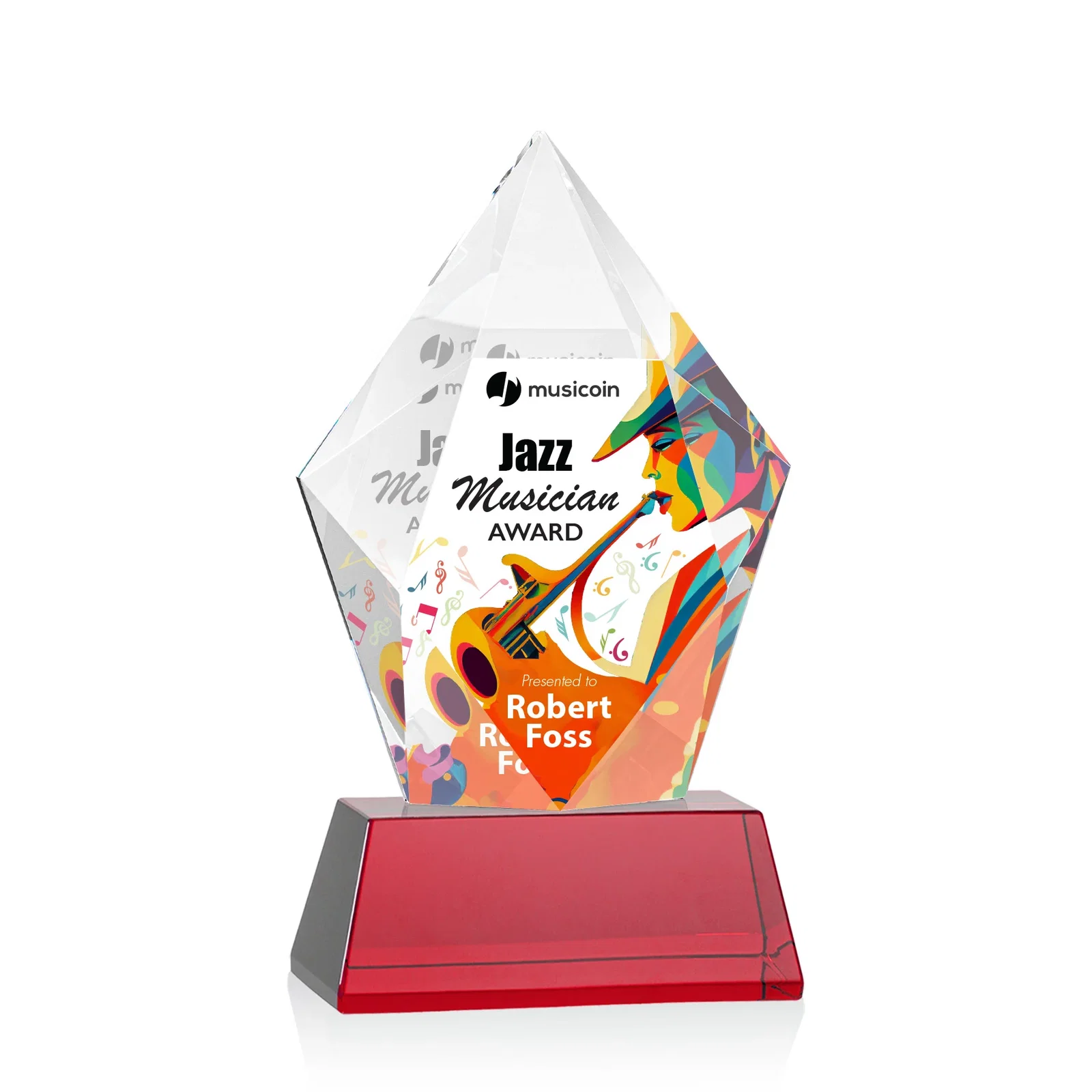 Customized Faceted Optical Crystal Pentagon Award on Tall Tapered Base, awards for graduation ceremonies