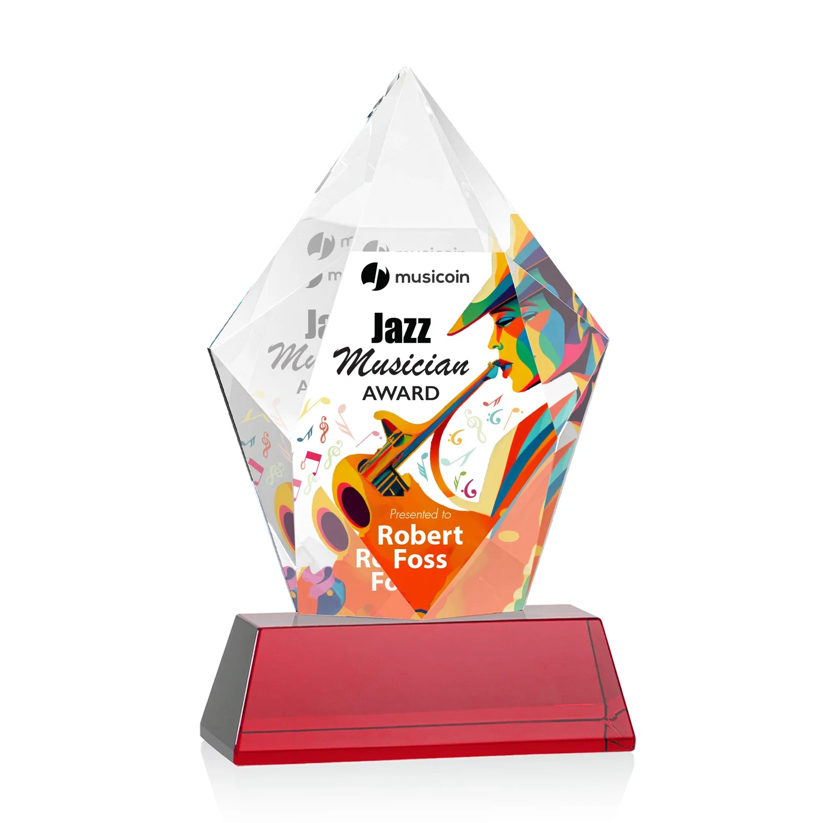 Customized Faceted Optical Crystal Pentagon Award on Tall Tapered Base, awards for safety achievement programs